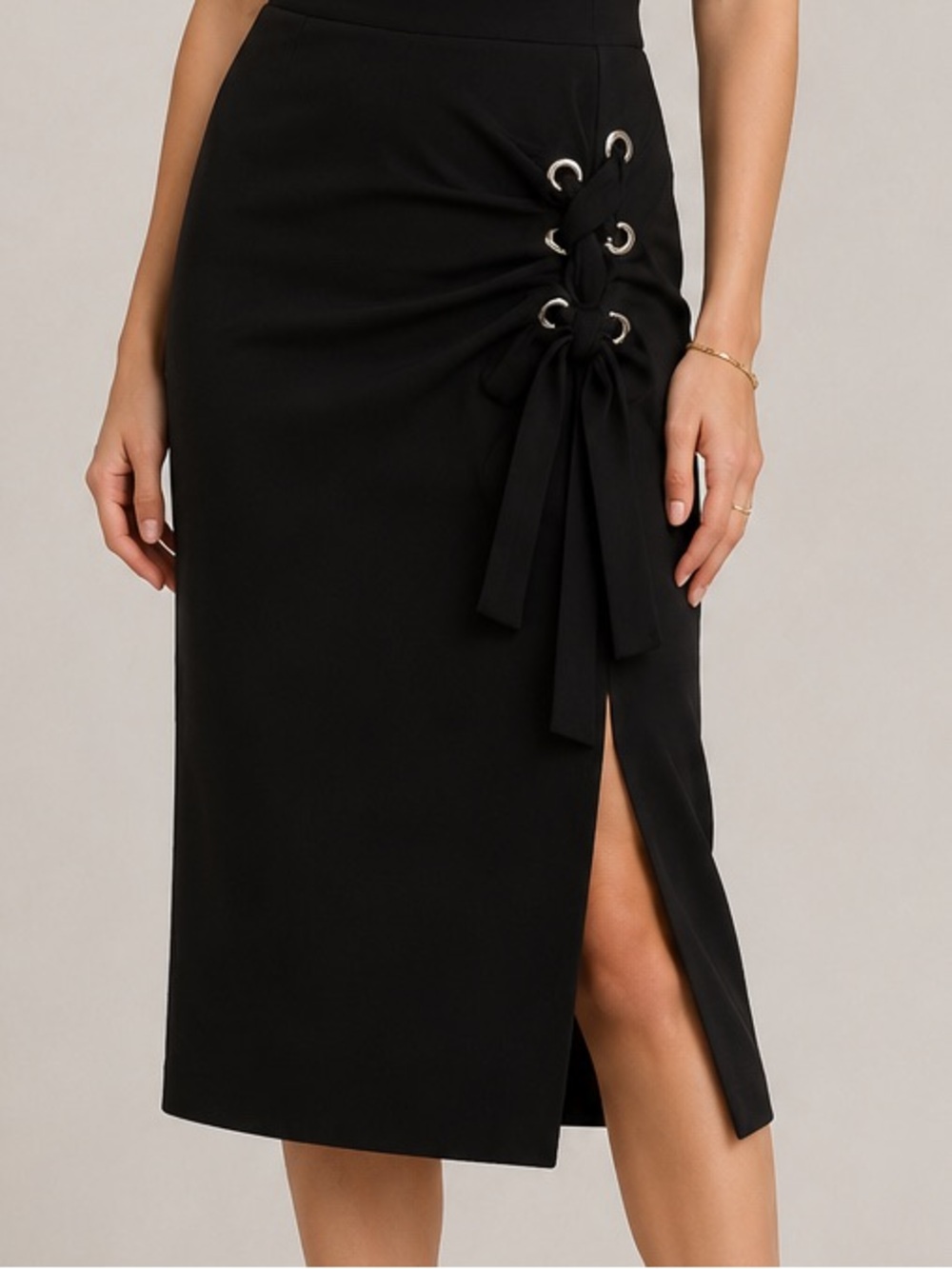 Joseph Ribkoff Black Lace-Up Side Slit Pencil Skirt